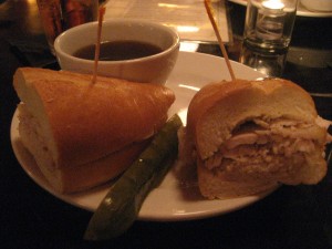 Turkey French dip sandwich and Atomic pickle