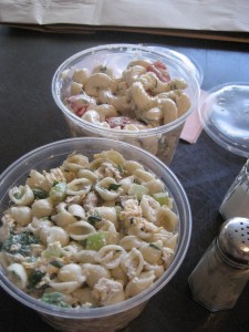Tuna pasta salad (front), dill pasta salad (rear)