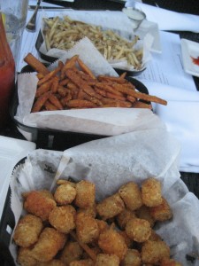Truffle asiago fries (top), sweet potato fries (center), tater tots (bottom)