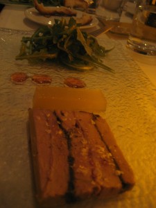 Foie gras (bottom), orange gelee, Campari gastrique, arugula (top)