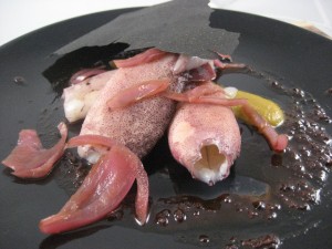 Monterey squid, chorizo oil and kimchi puree