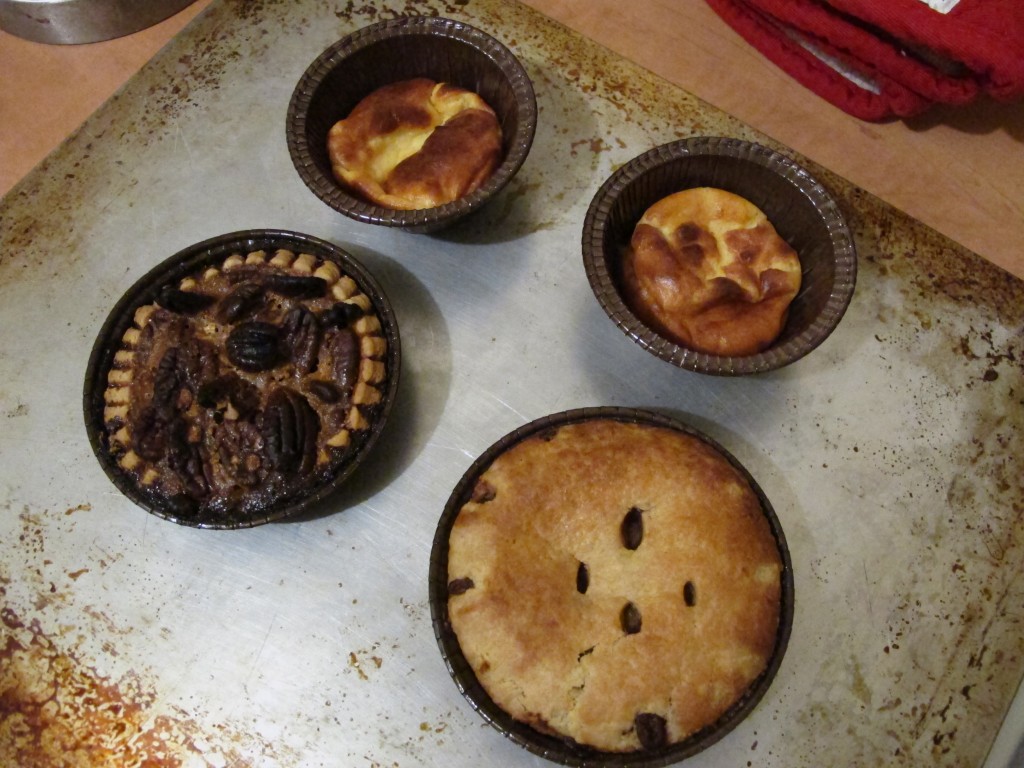Slightly burned cheese souffles, apple pie and pecan tart