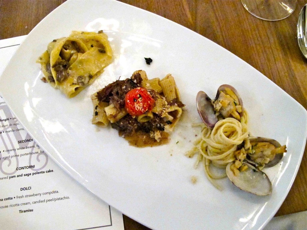 Pasta: mushroom pappardelle (top), rigatoni and linguine
